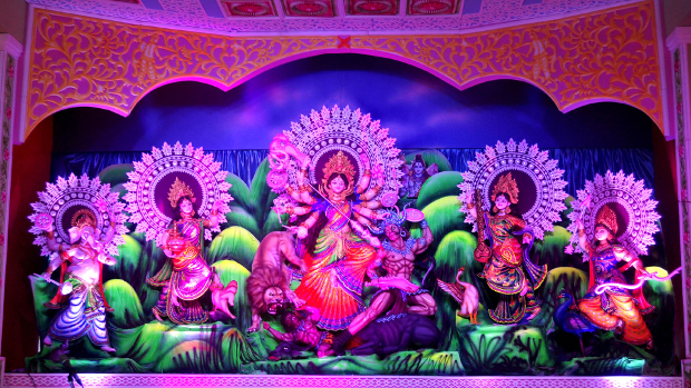 ঢাকার খামারবাড়ি সনাতন সমাজকল্যাণ সংঘের দুর্গা প্রতিমা। ২১ অক্টোবর ২০২০। 