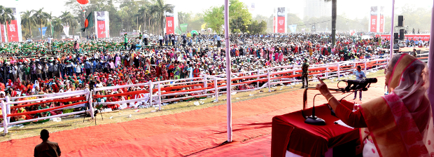 বঙ্গবন্ধুর ঐতিহাসিক ৭ মার্চের ভাষণ উদ্‌যাপন অনুষ্ঠানে বক্তব্য রাখছেন শেখ হাসিনা। ৭ মার্চ ২০১৮।