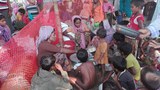 উখিয়ার মধুরছড়ায় শিশুদের দুপুরের খাবার পরিবেশন করছেন এক রোহিঙ্গা নারী। 