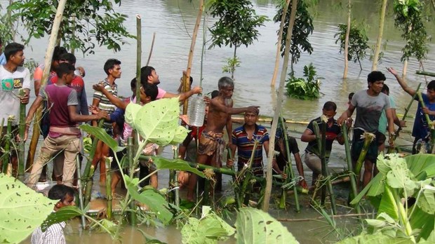 ভেঙে যাওয়া বন্যা নিয়ন্ত্রণ বাঁধ রক্ষার চেষ্টা করছেন নওগাঁ সদর জেলার একটি গ্রামের বাসিন্দারা। 