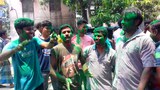 পঞ্চায়েত নির্বাচনে তৃণমূল কংগ্রেসের বিপুল জয়ে সবুজ আবীর মেখে সমর্থকদের উল্লাস।