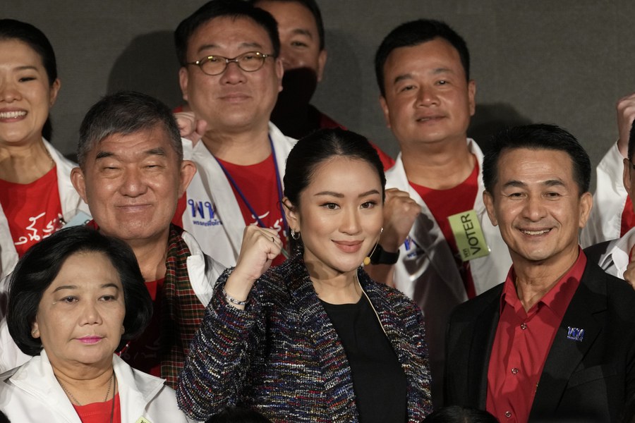 Paetongtarn Shinawatra (center), daughter of former Thai Prime Minister Thaksin Shinawatra, is leading polls along with her family’s Pheu Thai party ahead of the May 7 general election, Dec. 6, 2022.