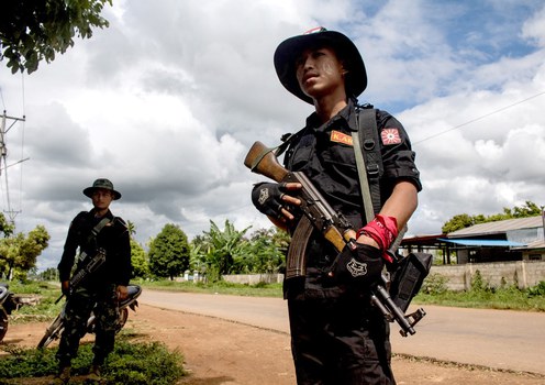 The National Unity Government and affiliated ethnic resistance organizations claim to control roughly 50 percent of Myanmar. Here, members of the Karenni Nationalities Defense Force and Karenni Army man at a checkpoint near Demoso, in Myanmar’s eastern Kayah state, Oct. 19, 2021.