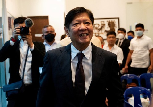President-elect Ferdinand Marcos Jr. arrives at his headquarters in Mandaluyong City, Metro Manila, May 23, 2022.