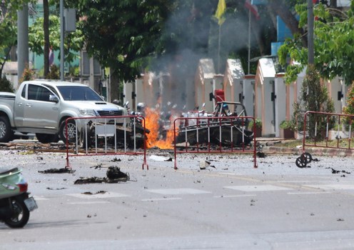 A fire burns at the scene of a car-bomb attack in front of the Southern Border Provinces Administrative Center in Yala, Thailand, March 17, 2020. 