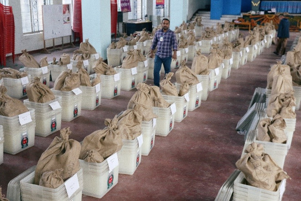 Voting materials including ballot boxes are seen inside a distribution center in Dhaka ahead of Bangladesh’s 11th general election, Dec. 29, 2018. [Reuters]