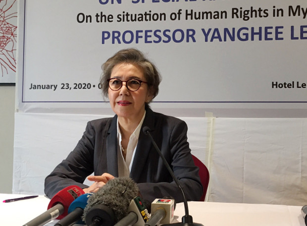 Yanghee Lee, the U.N.’s special rapporteur on human rights in Myanmar, appears at a news conference in Dhaka, as she prepares to end her six-year assignment for the United Nations in March, Jan. 23, 2020. [Megh Monir/BenarNews]   