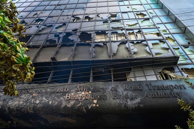 A burned government building is pictured on July 19, 2024, after agitators set it on fire during civil unrest in Bangladesh. [Munir Uz Zaman/AFP]