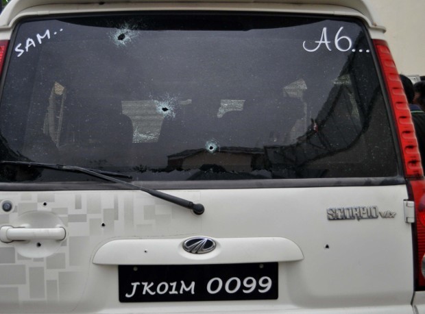 The rear hatch and window of the vehicle that carried Ghulam Nabi Patel show bullet holes following the fatal attack by unknown assailants, April 25, 2018. [Sheikh Mashooq/BenarNews]