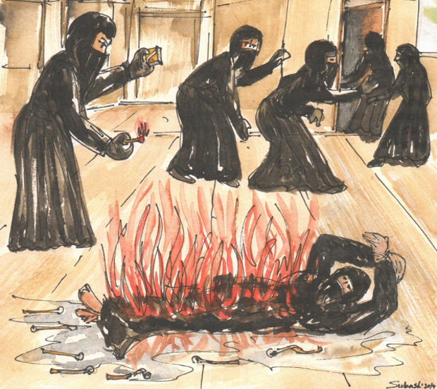 The Bangladesh Police Bureau of Investigation released this sketch as part of a series showing the April 6 fatal attack on Nusrat Jahan Rafi. [Courtesy PBI]