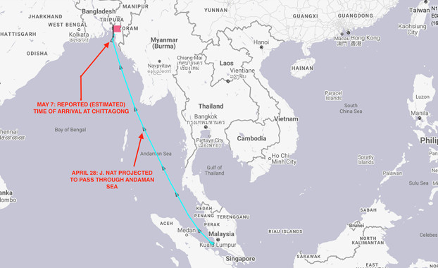 This map shows the projected route of the J. Nat after its position was last tracked by shipping software as it passed through the Strait of Malacca on April 22. The ship has since turned off its transponder. [MarineTraffic]