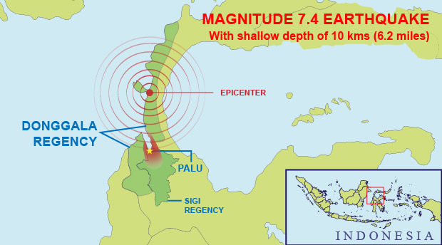 Graphic shows the epicenter and impact zone of the earthquake that struck Central Sulawesi on Sept. 28, 2018. [Vincent Meadows/BenarNews]