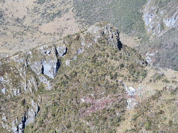 An aerial photo shows the wreckage of a Russian-made Mi-17 Indonesian Army helicopter that crashed in Pegunungan Bintang Regency in Papua province, Feb. 10, 2020. [Handout/Papua Region Military Command Information Bureau]