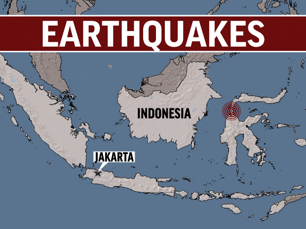 Graphic shows the location of two earthquakes that struck Central Sulawesi in Indonesia on Friday, Sept. 28, triggering a tsunami. [AP]