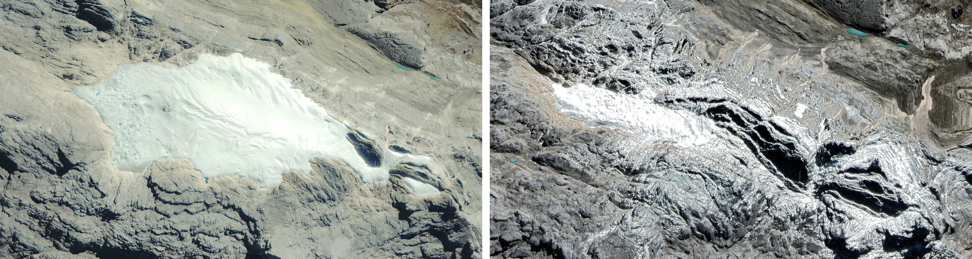 These side-by-side photos of the glacier on the peak of Puncak Jaya in Papua, Indonesia, show how it appeared in June 2002 (left) compared with in June 2022. [Maxar Technologies]