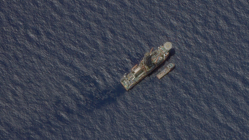 This satellite image shows the Malaysian-contracted drillship West Capella accompanied by the Executive Stride, a supply vessel, in the South China Sea, April 22, 2020. [Planet Labs Inc.] 