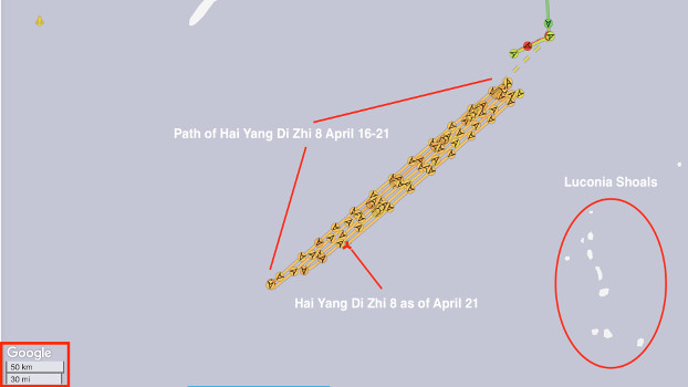 A graphic representation of the path of the Chinese survey ship Hai Yang Di Zhi 8 since it arrived off the coast of Malaysia on April 16. (MarineTraffic with annotation by BenarNews)