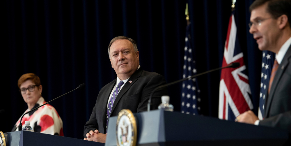 Australia's Foreign Minister Marise Payne and U.S. Secretary of State Mike Pompeo listen while U.S. Secretary of Defense Mark Esper speaks during a press conference at the U.S. Department of State following bilateral talks in Washington, July 28, 2020. (Reuters)