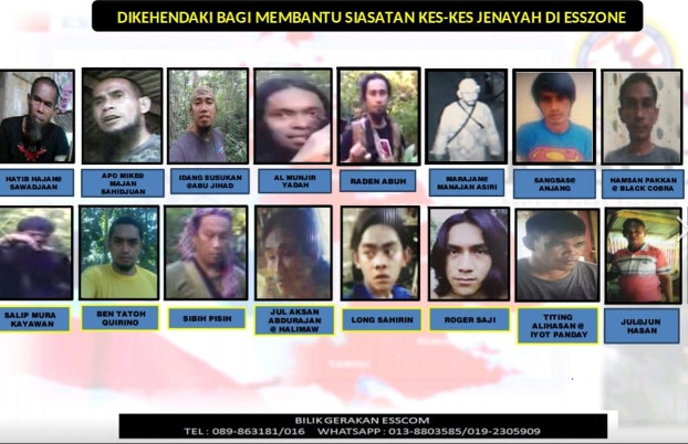 The Eastern Sabah Security Command posted photos of the 18 men on the 2019 list of most wanted criminals, Jan.7, 2019. (Courtesy of Esscomm)