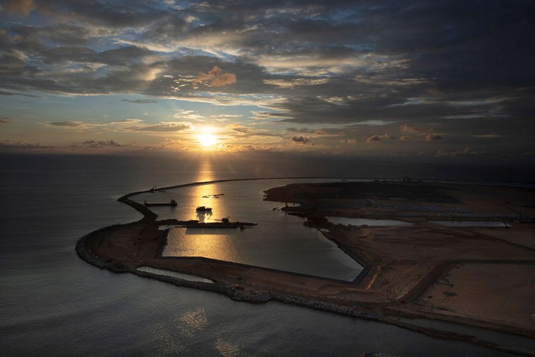 Built on land reclaimed from the Indian Ocean and funded with $1.4 billion in Chinese investment, the Colombo Port City project is seen, Nov. 8, 2018 in Colombo, Sri Lanka. Credit: Paula Bronstein/Getty Images