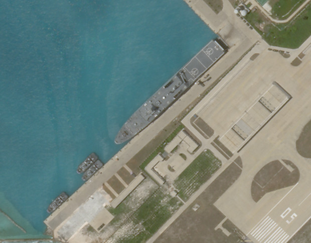Satellite imagery shows what appears to be an amphibious assault transport ship of the Chinese Navy docked at Woody Island in the South China Sea, June 27, 2020. [PlanetLabs Inc.]