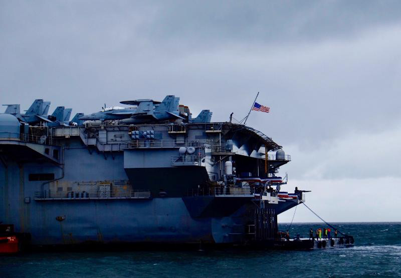 The aircraft carrier USS Ronald Reagan makes a brief stopover in Manila during a freedom of navigation trip through the South China Sea region, April 7, 2019. [Jason Gutierrez/BenarNews]