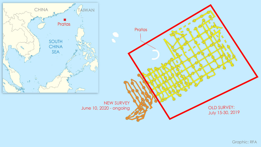 The path of Chinese survey ships near the Taiwan-occupied atoll of Pratas, shown by MarineTraffic ship-tracking software. The current survey by the Hai Yang 9 appears to be a continuation of a survey started last year in the same area. 