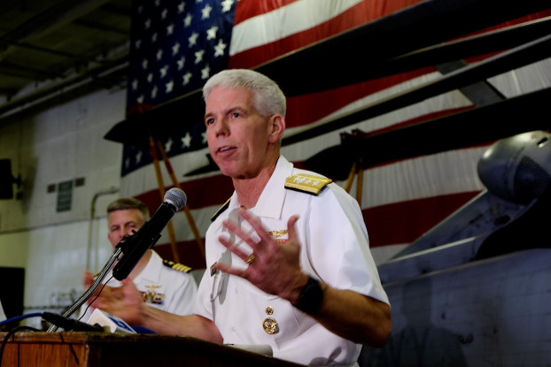 U.S. Rear Admiral Karl Thomas speaks to reporters aboard the USS Ronald Reagan, Aug 7, 2019. [Jason Gutierrez/BenarNews]