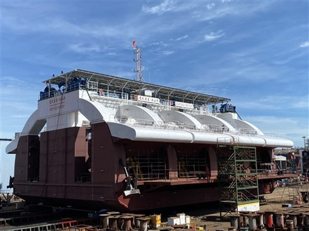 A 500kW wave energy generator, called “Zhoushan,” after construction at a shipyard on June 30, 2020. It is owned by the Guangzhou Institute of Energy Conversion which focuses on using wave power to generate electricity. (Sciencenet.cn)