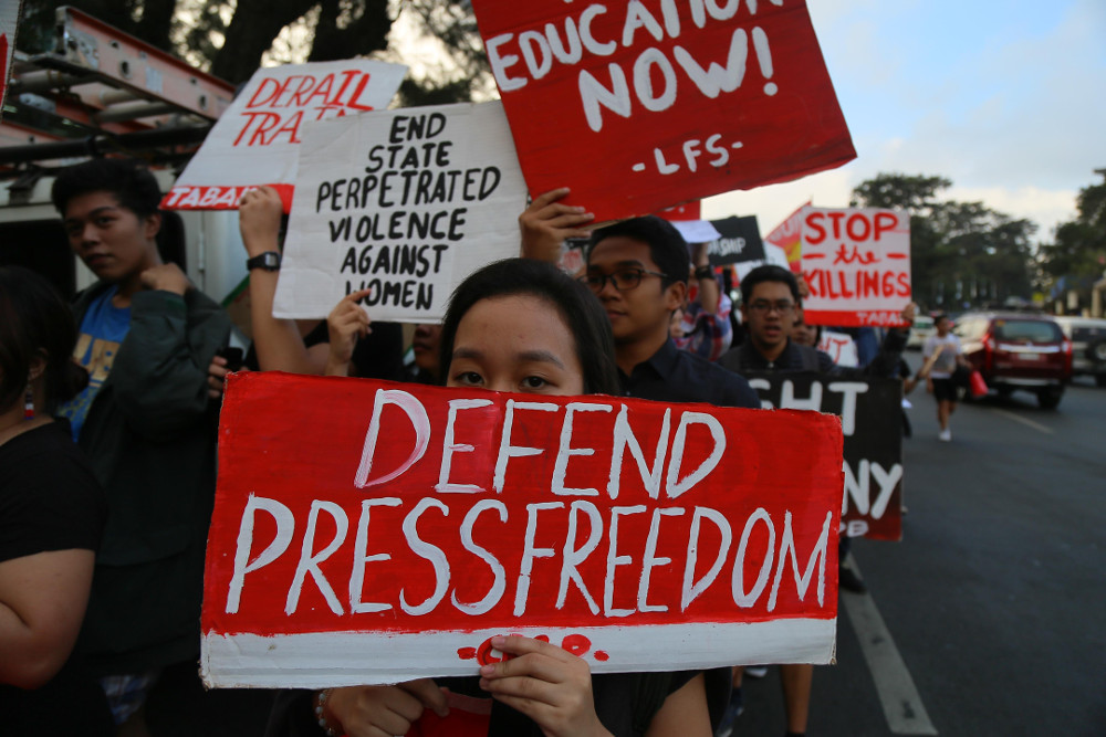 Students in northern Baguio City, Philippines, participate in a nationwide protest for press freedom, Feb. 23, 2018. (Photo: Jojo Rinoza/BenarNews)