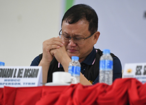 Eduardo del Rosario, head of the Philippine government's Task Force Bangon Marawi (Rise Up Marawi) working on rehabilitating the destroyed southern city breaks down in tears amid calls for his resignation during a dialogue with residents still displaced seventeen months after Islamic State militants were chased out of the city, March 19, 2019.