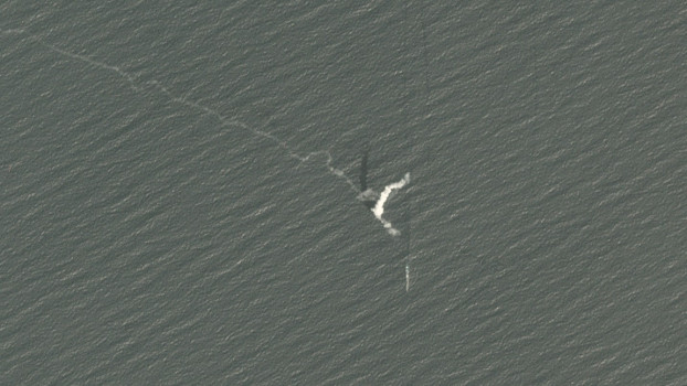 Twitter user Duan Dang posted a picture of this missile being launched as part of China’s military exercise in the Yellow Sea, Aug. 25, 2020. [Planet Labs Inc.]