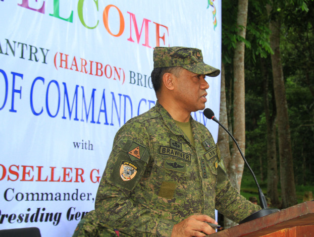 Col. Romeo Brawner Jr. speaks to troops in Marawi after assuming command of the 103rd Infantry (Haribon) Brigade, Dec. 18, 2018. (Richel V. Umel/BenarNews)