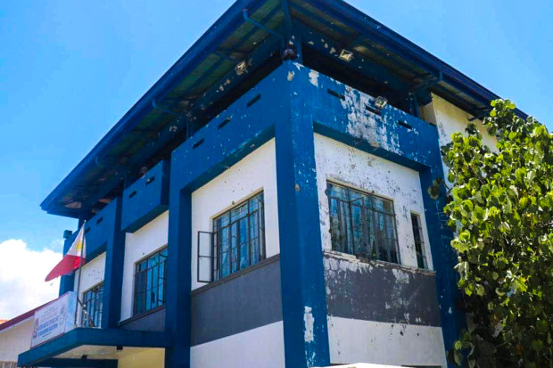 The municipal police station in the central Philippine town of Victoria is pockmarked with bullets fired by suspected communist New People's Army (NPA) rebels, March 28. 2009. [HO/Philippine National Police] 