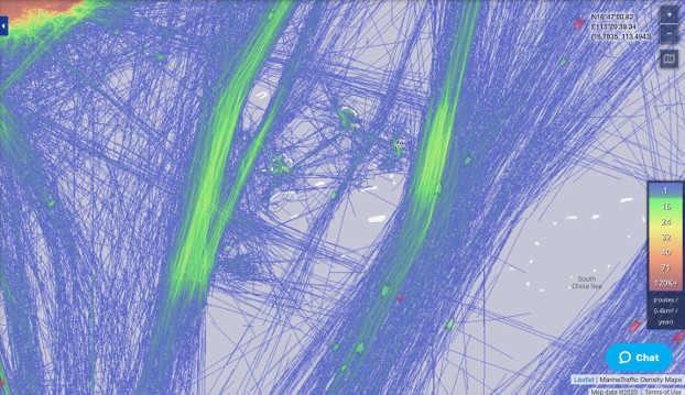 An image of ship traffic near the Paracel Islands in 2017 shows vessels traveling around, rather than through, the island chain, which China occupies and has made into a major military hub. (Data courtesy of MarineTraffic) 
