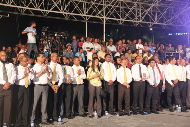Members of the Maldives United Opposition coalition stage a peaceful protest against the government’s hard-handed rule, in Male, July 21, 2016.
