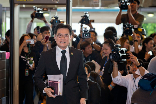 Democrat Party leader Jurin Laksanawisit arrives at the parliament in Bangkok for the prime minister vote, June 5, 2019. (AP)