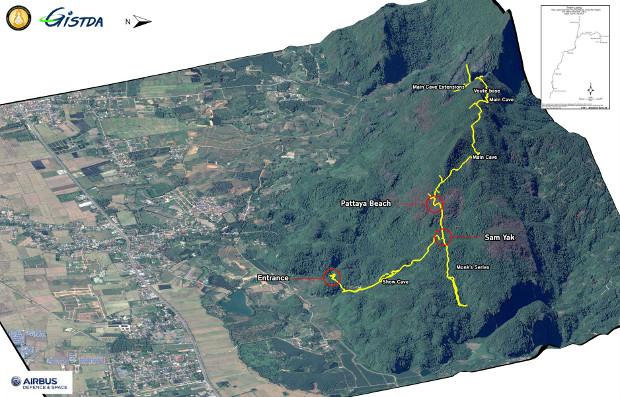 A map from Geo-Informatics and Space Technology Development Agency shows sections of the   Tham Luang cave in the northern province of Chiang Rai, Thailand. (GISTDA)