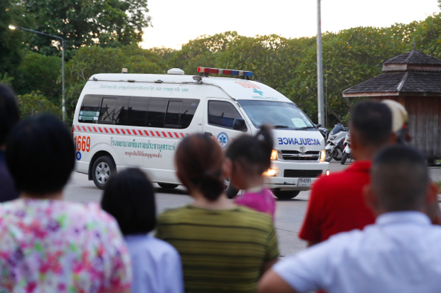 An ambulance heads to the hospital in Chiang Rai as divers evacuated the remaining boys and their coach trapped at Tham Luang cave in Chiang Rai province, northern Thailand, July 10, 2018. (AP)
