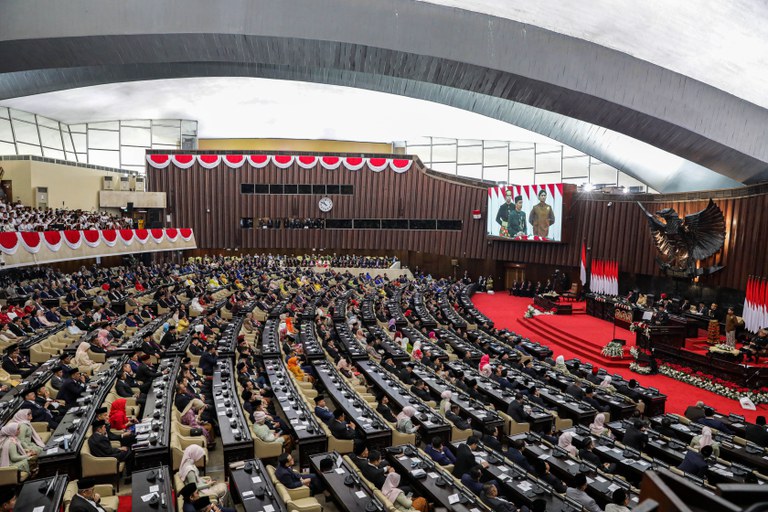 Suasana Sidang Tahunan Majelis Permusyawaratan Rakyat (MPR) dan Sidang Bersama Dewan Perwakilan Rakyat (DPR) - Dewan Perwakilan Daerah (DPD) Tahun 2024 di Gedung Nusantara, Kompleks Parlemen, Senayan, Jakarta, Jumat, 16 Agustus 2024. [Eko Siswono Toyudho/BenarNews]
