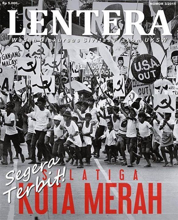 151019_ID_PKI_LENTERA-622.jpg Iklan Majalah Lentera edisi 9 Oktober 2015 memuat sampul majalah dengan laporan utama investigasi tragedi 1965 di Salatiga dan gambar palu arit. (Dok. Majalah Lentera)
