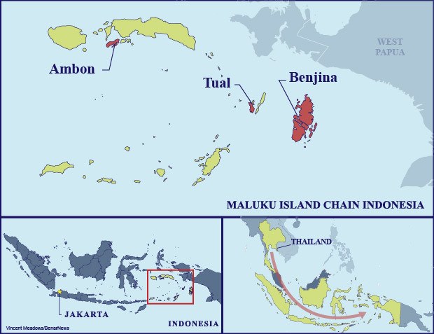 แผนที่ เกาะเบนจินา เกาะอัมบน และเกาะตวล ของประเทศอินโดนีเซีย 